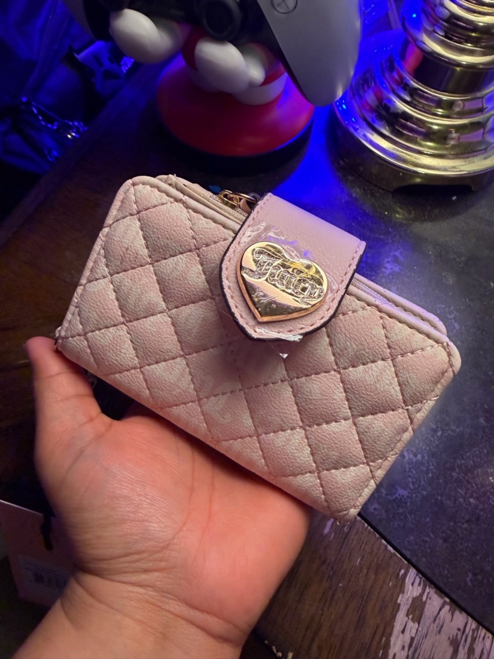 Quilted Pink Heart-Accent Wallet with Gold Hardware